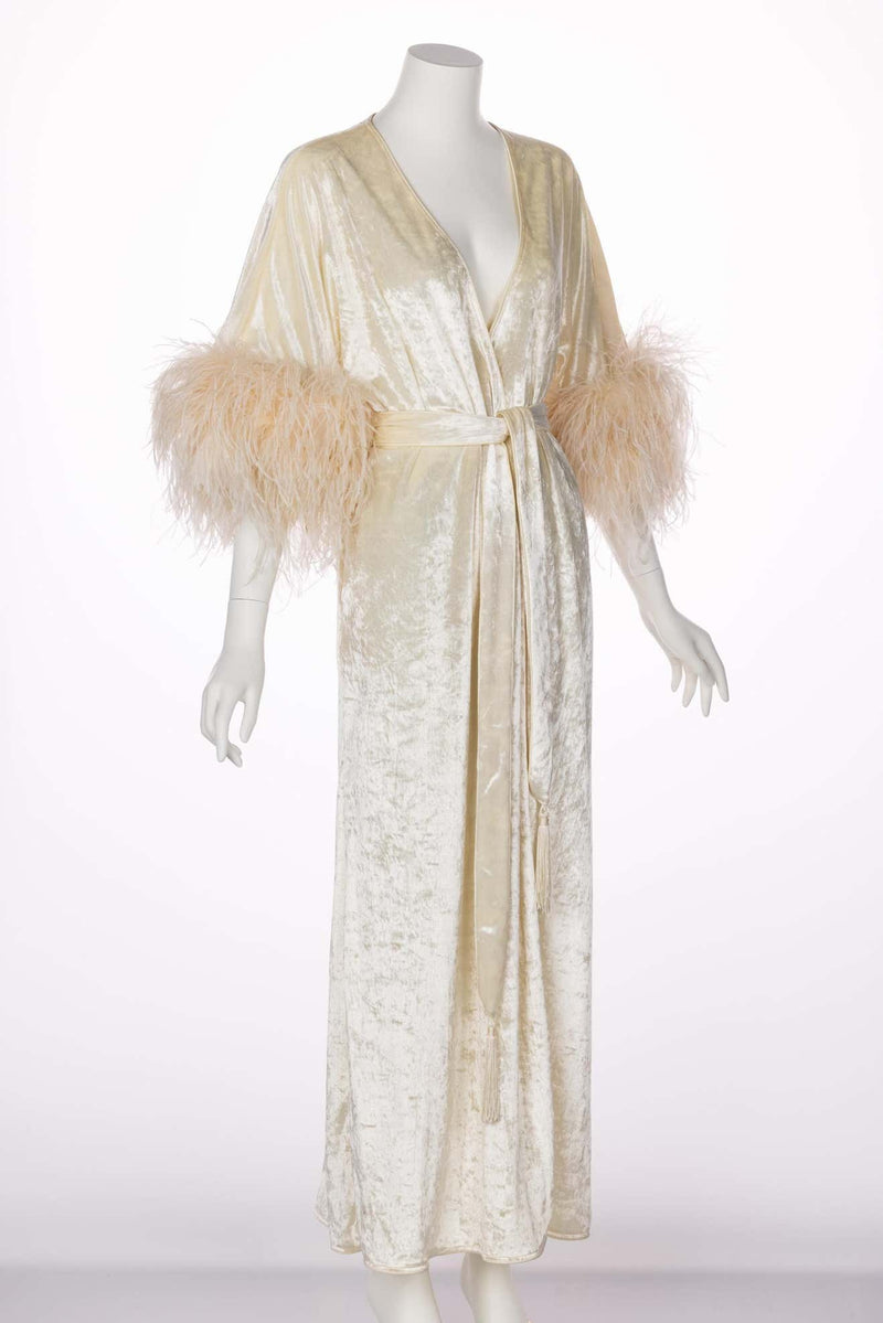 Bill Tice Cream Velvet Feather Trim Caftan Robe 1970s