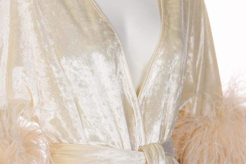 Bill Tice Cream Velvet Feather Trim Caftan Robe 1970s