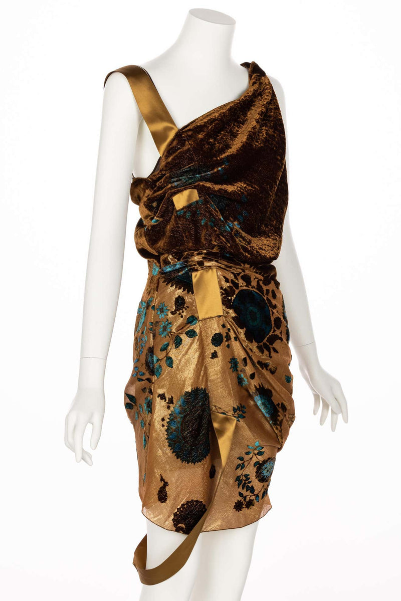 Christian Dior Galliano Golden Brown Turquoise Velvet Floral Devore Dress 2005