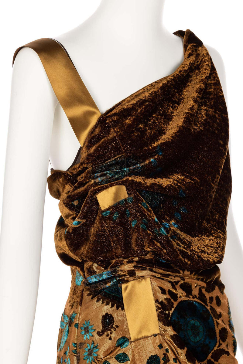 Christian Dior Galliano Golden Brown Turquoise Velvet Floral Devore Dress 2005