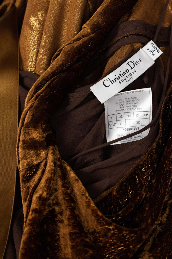Christian Dior Galliano Golden Brown Turquoise Velvet Floral Devore Dress 2005