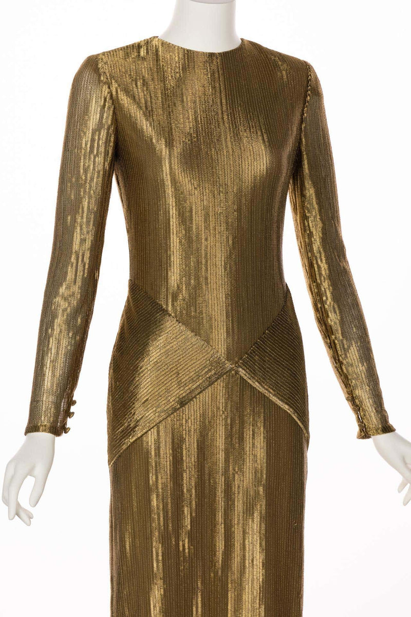 Bill Blass Gold Metal Fishtail Column Maxi Dress, 1980s