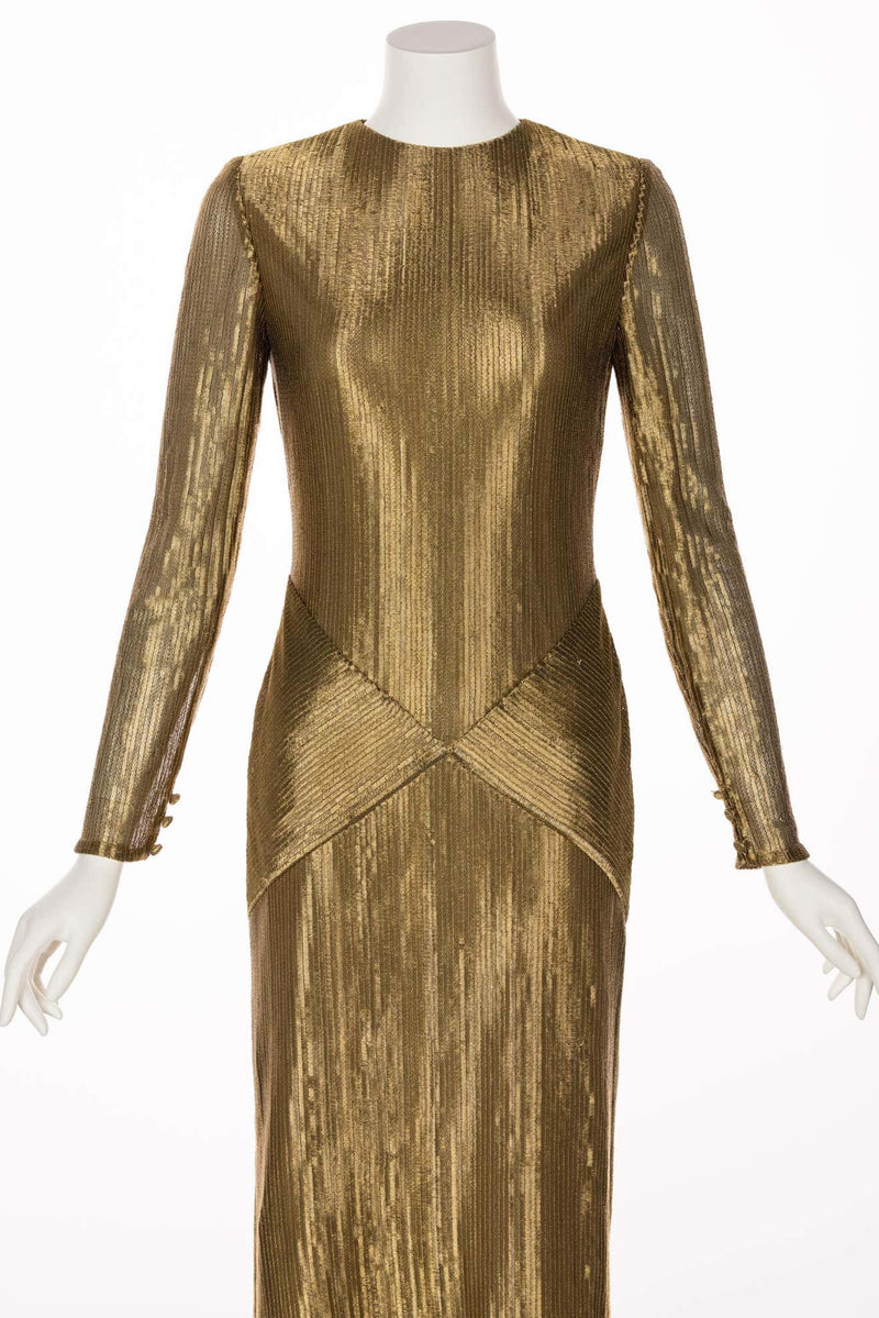 Bill Blass Gold Metal Fishtail Column Maxi Dress, 1980s