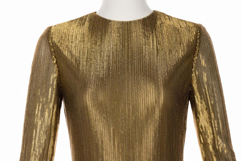 Bill Blass Gold Metal Fishtail Column Maxi Dress, 1980s