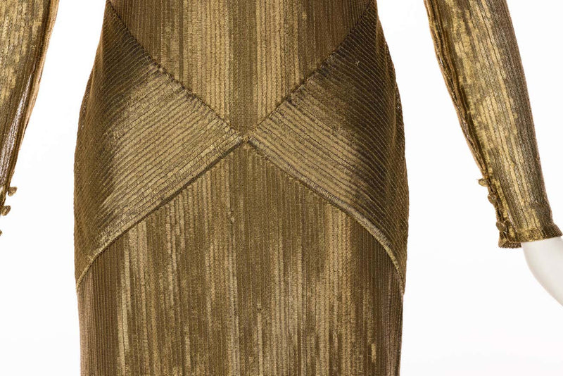 Bill Blass Gold Metal Fishtail Column Maxi Dress, 1980s