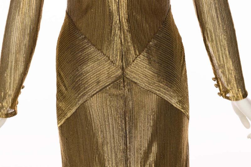 Bill Blass Gold Metal Fishtail Column Maxi Dress, 1980s