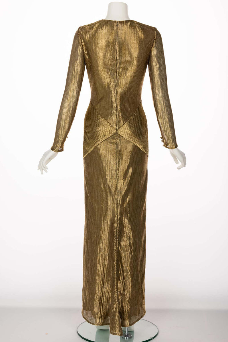 Bill Blass Gold Metal Fishtail Column Maxi Dress, 1980s