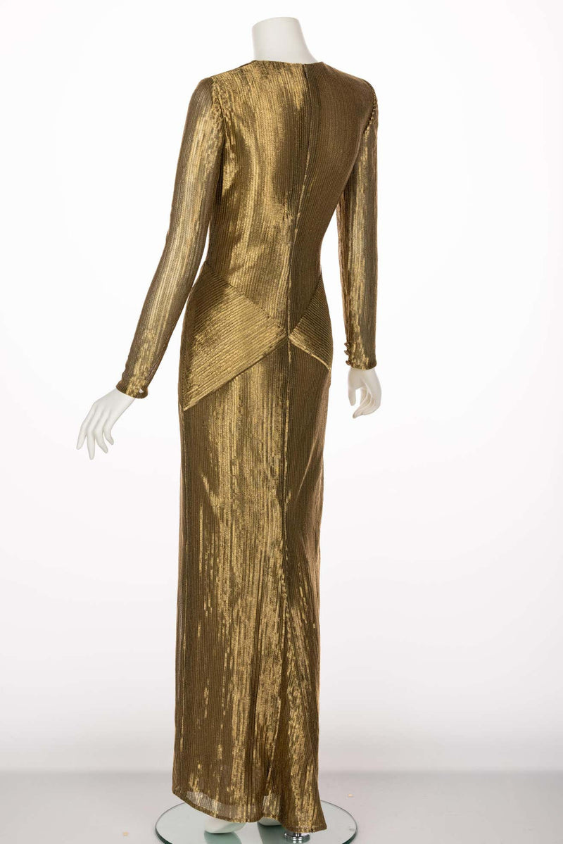 Bill Blass Gold Metal Fishtail Column Maxi Dress, 1980s