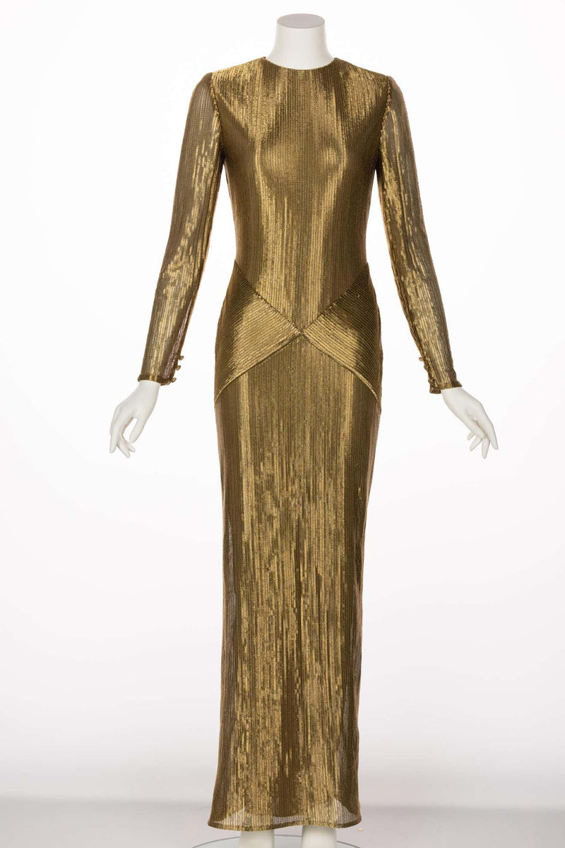 Bill Blass Gold Metal Fishtail Column Maxi Dress, 1980s