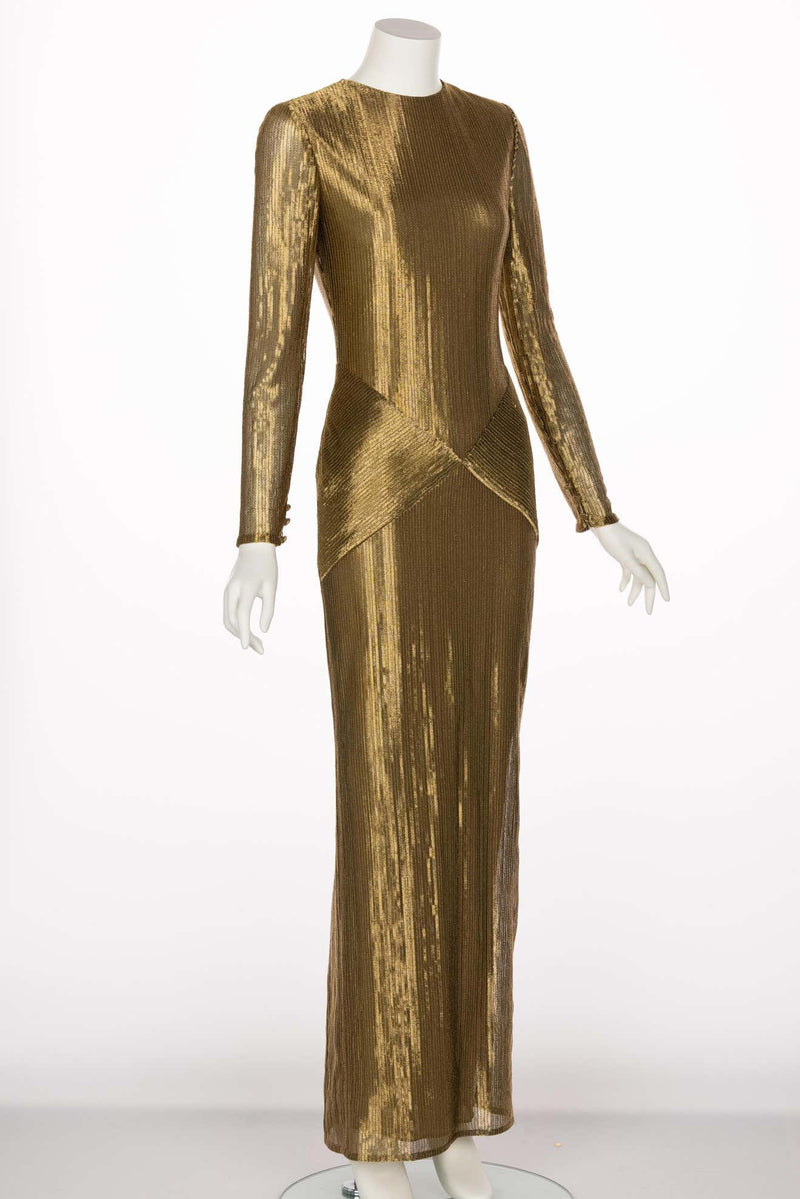 Bill Blass Gold Metal Fishtail Column Maxi Dress, 1980s