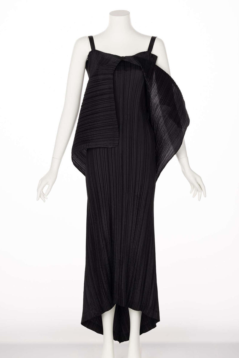 Issey Miyake Black Pleated Sculptural Sleeveless Maxi Dress, 1990s