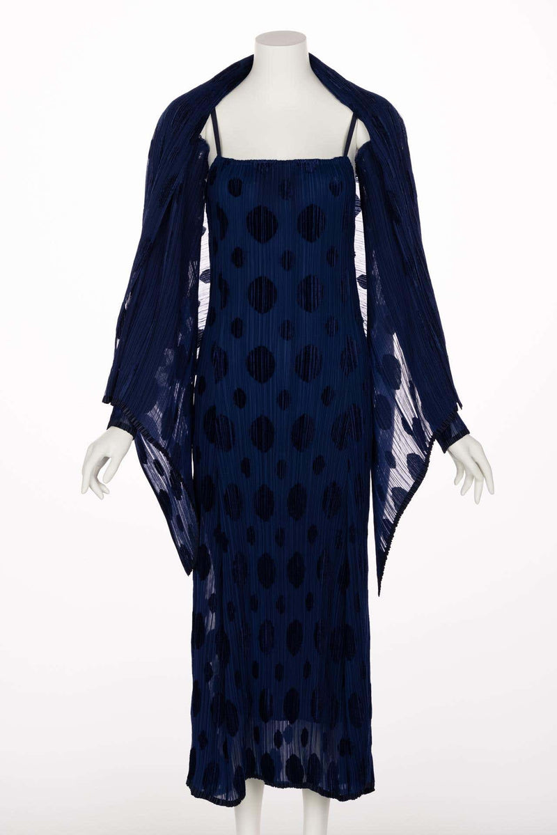Issey Miyake Pleated Blue Polka Dot Dress & Jacket Set