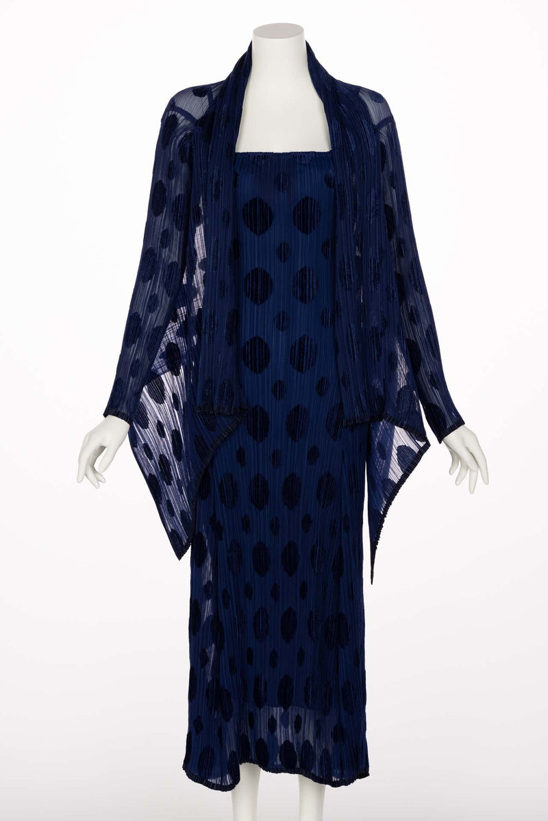 Issey Miyake Pleated Blue Polka Dot Dress & Jacket Set