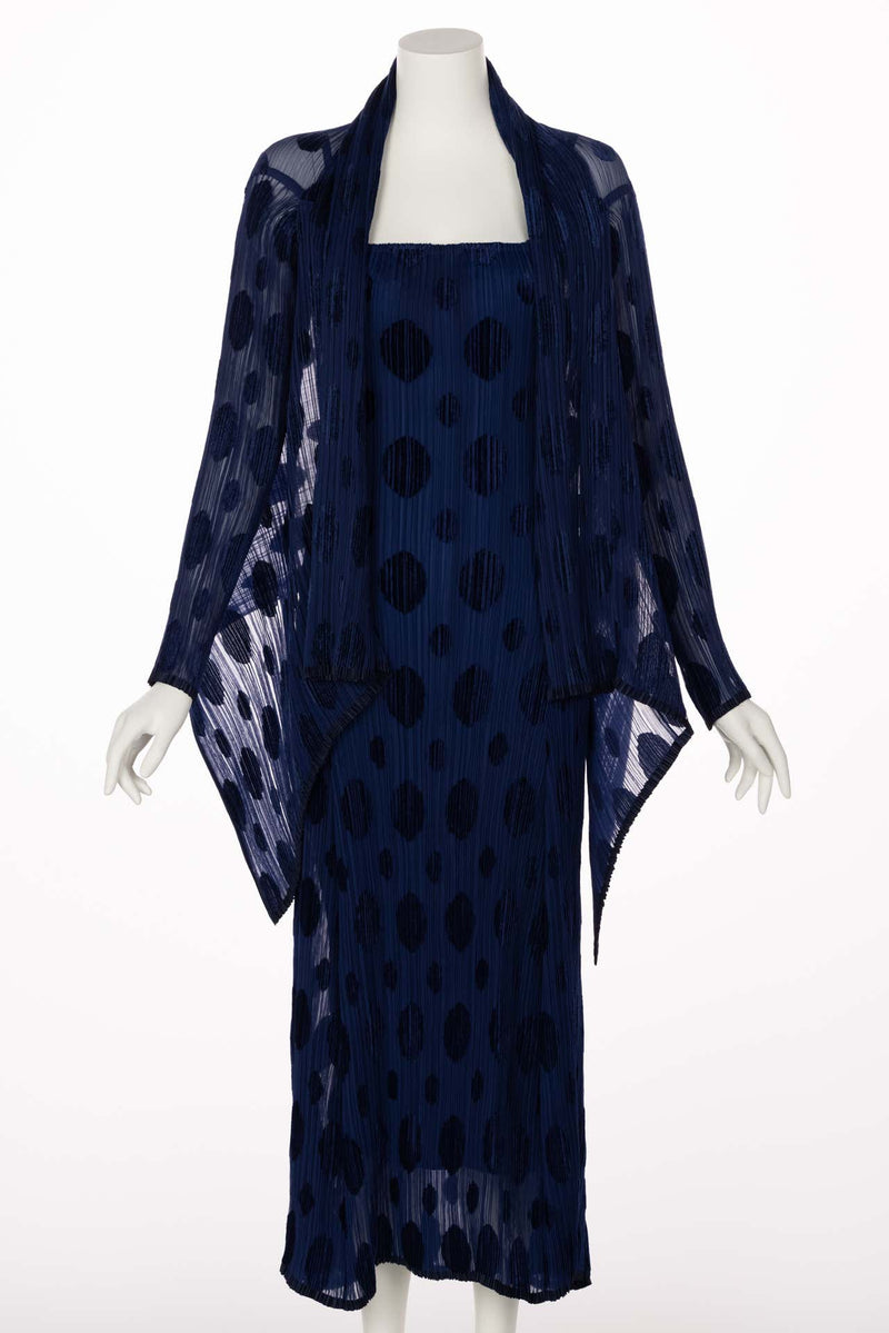 Issey Miyake Pleated Blue Polka Dot Dress & Jacket Set