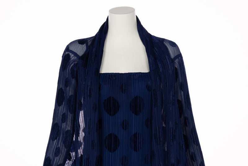 Issey Miyake Pleated Blue Polka Dot Dress & Jacket Set