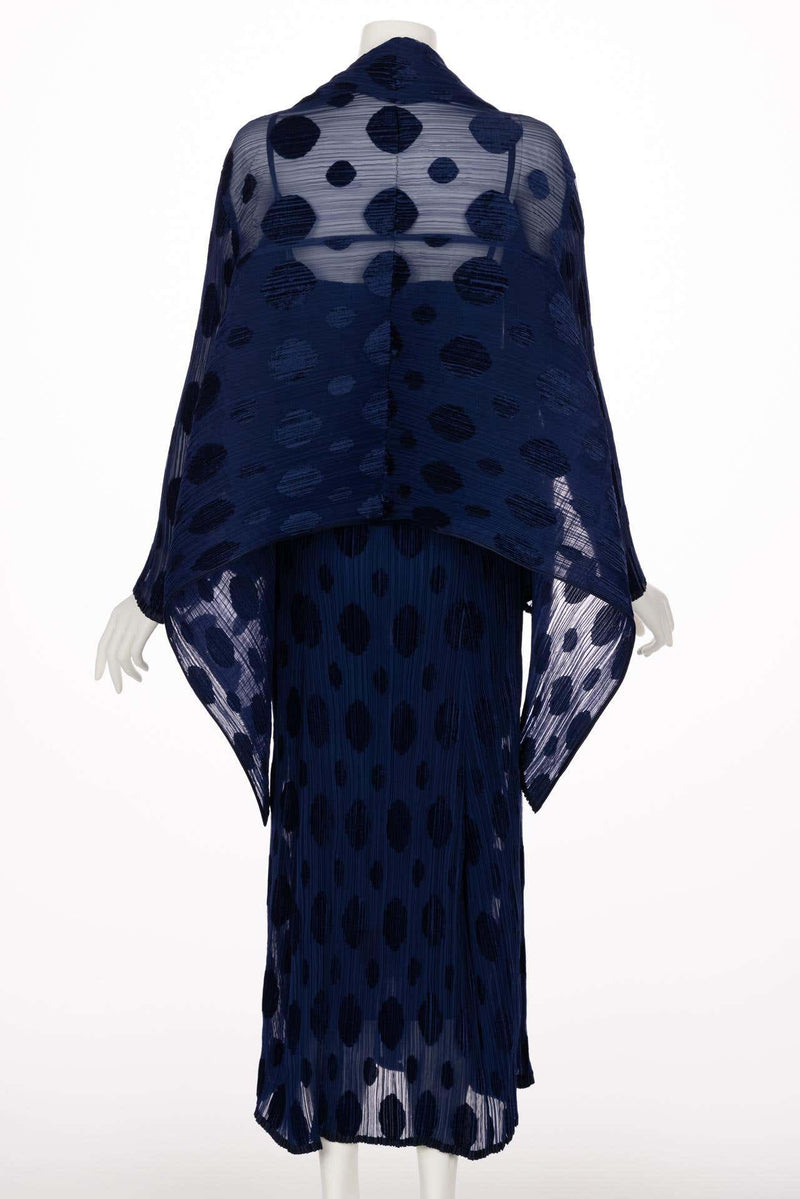Issey Miyake Pleated Blue Polka Dot Dress & Jacket Set