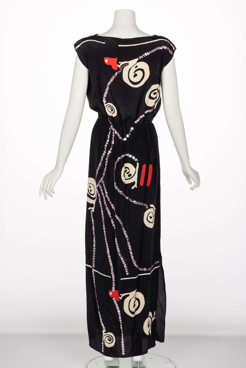 Michael Vollbracht Black Silk Sequin Print Maxi Dress, 1980s