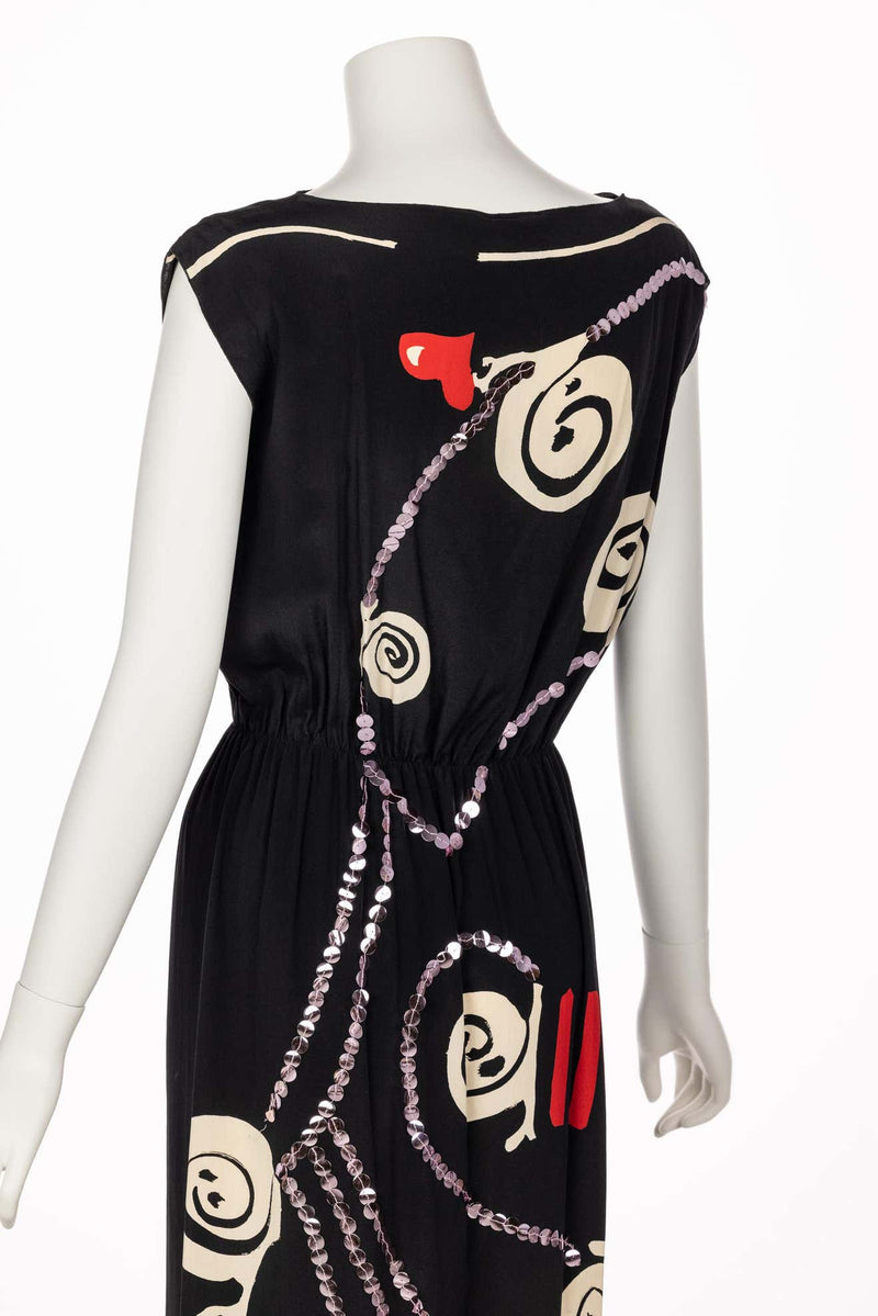 Michael Vollbracht Black Silk Sequin Print Maxi Dress, 1980s