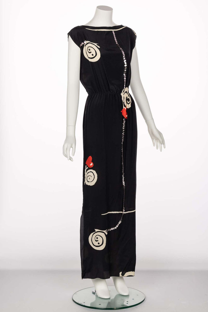 Michael Vollbracht Black Silk Sequin Print Maxi Dress, 1980s