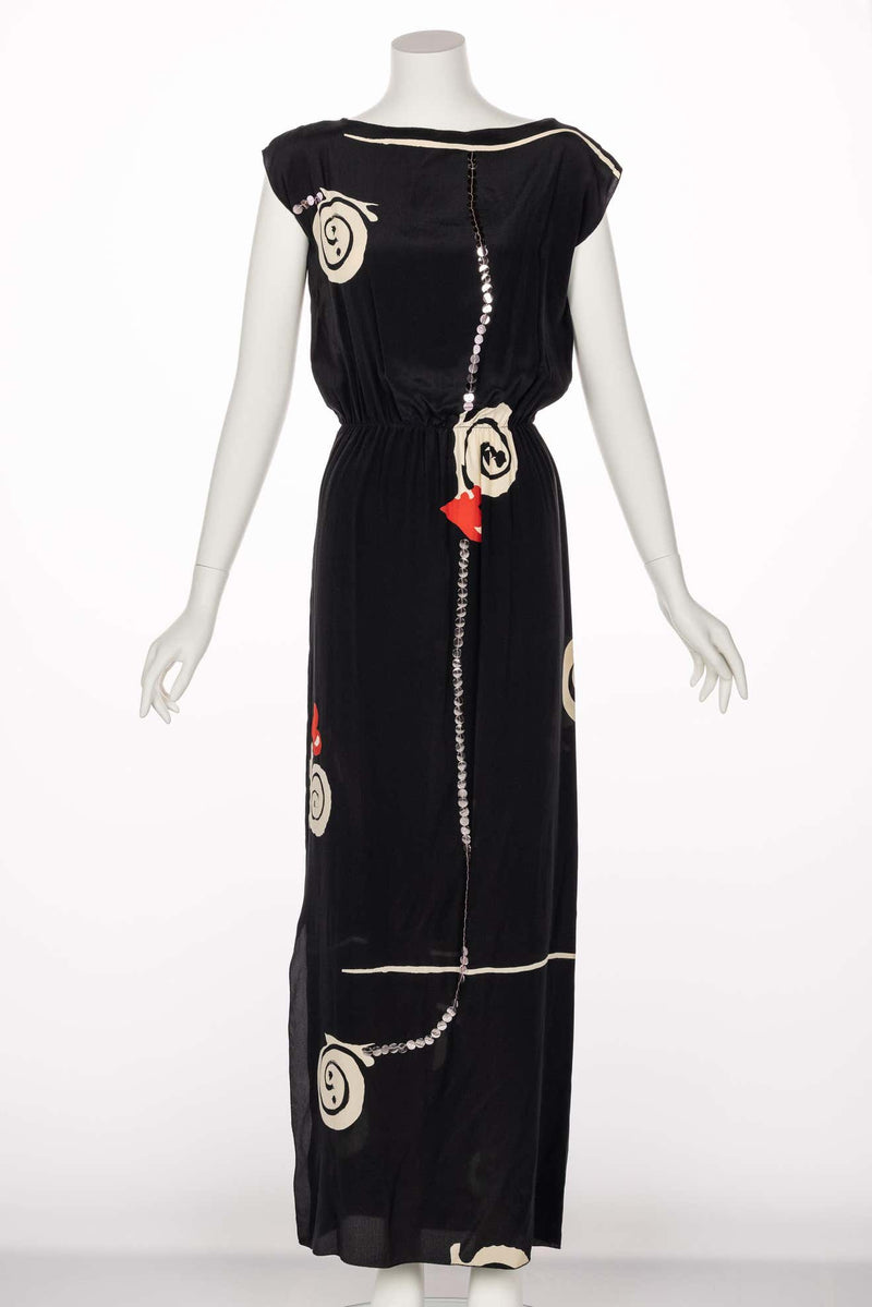 Michael Vollbracht Black Silk Sequin Print Maxi Dress, 1980s