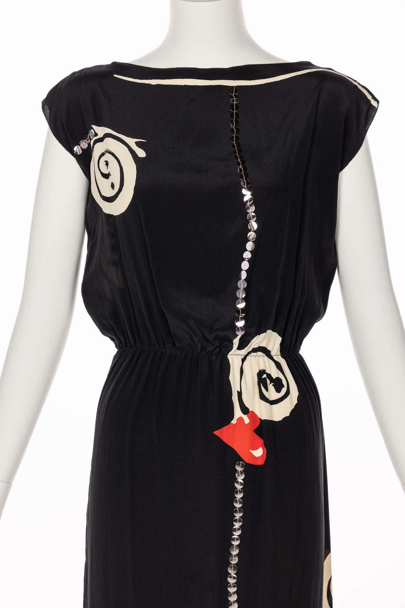 Michael Vollbracht Black Silk Sequin Print Maxi Dress, 1980s
