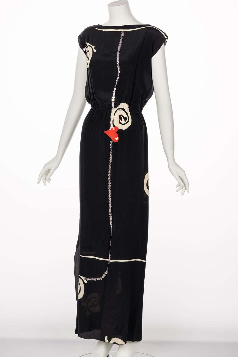 Michael Vollbracht Black Silk Sequin Print Maxi Dress, 1980s