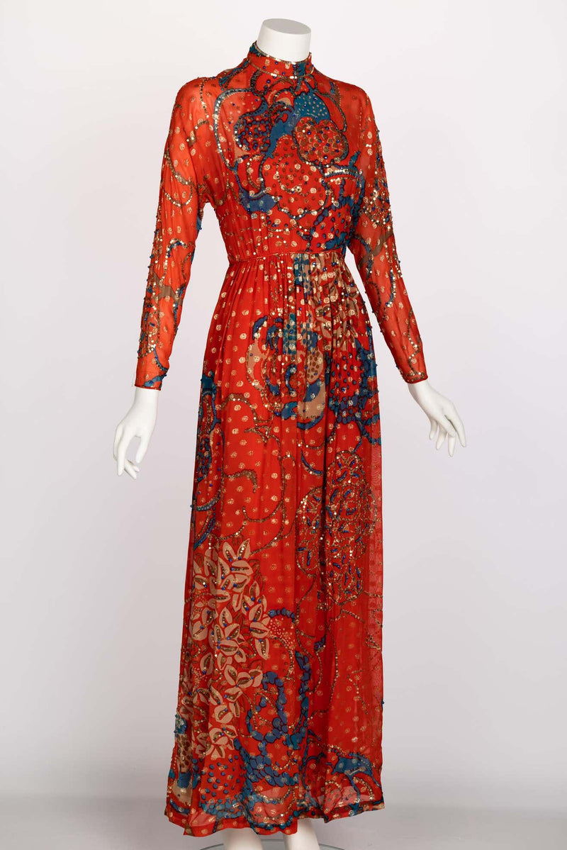 Malcolm Starr Rizkallah Sequined Gold Beaded Red Maxi Dress 1970s