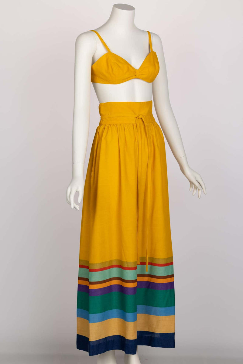 1970s Mollie Parnis Yellow Striped Crop Top Bralette Maxi Skirt Set