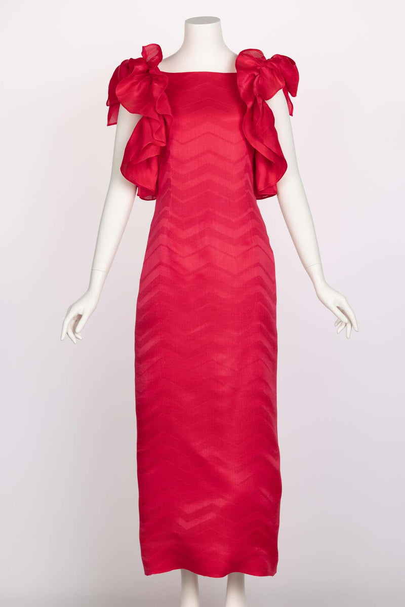 Vintage Givenchy Couture Magenta Silk Chevron Sleeveless Ruffle Bow Dr Basha Gold