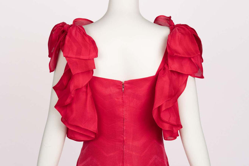 Vintage Givenchy Couture Magenta Silk Chevron Sleeveless Ruffle Bow Dress
