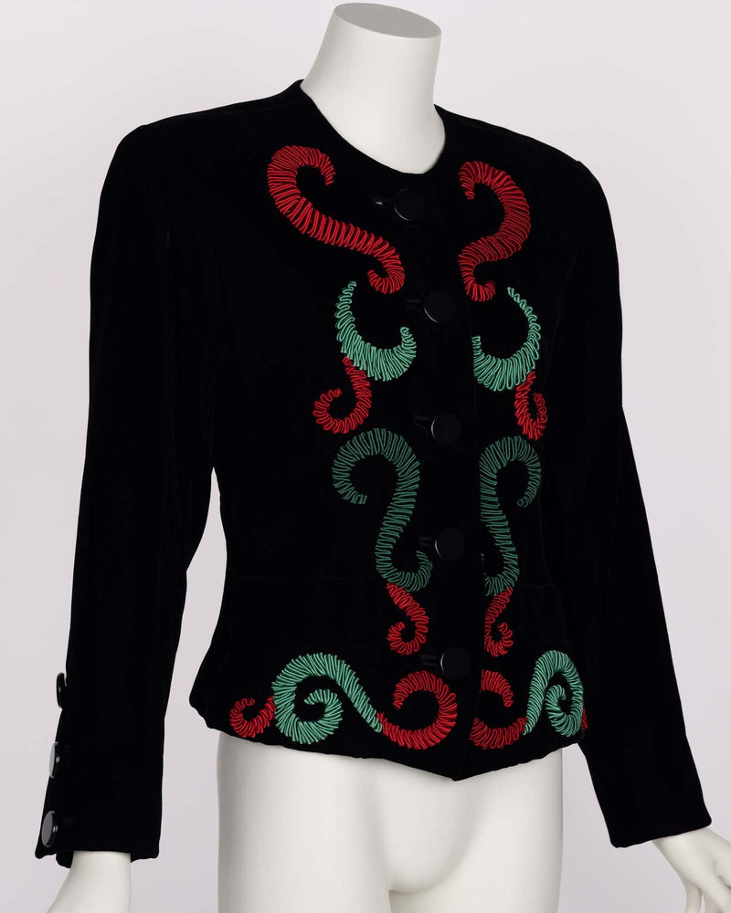 Yves Saint Laurent Runway Velvet Red & Green Embroidered Jacket, 1989