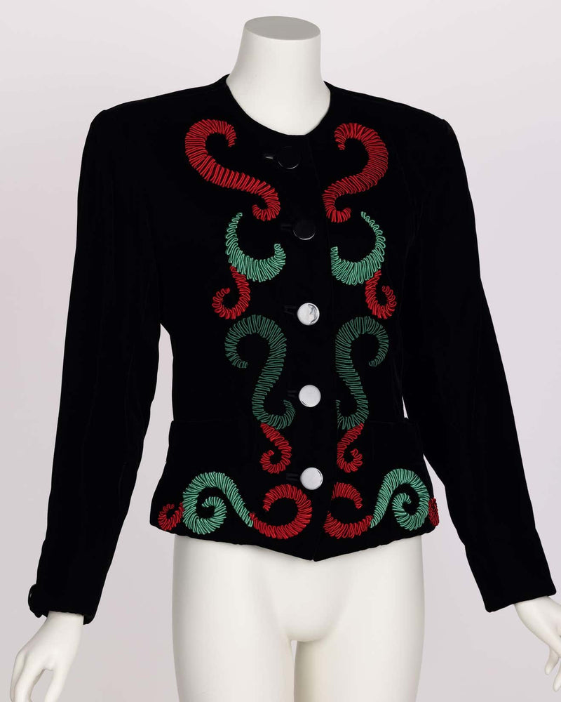 Yves Saint Laurent Runway Velvet Red & Green Embroidered Jacket, 1989