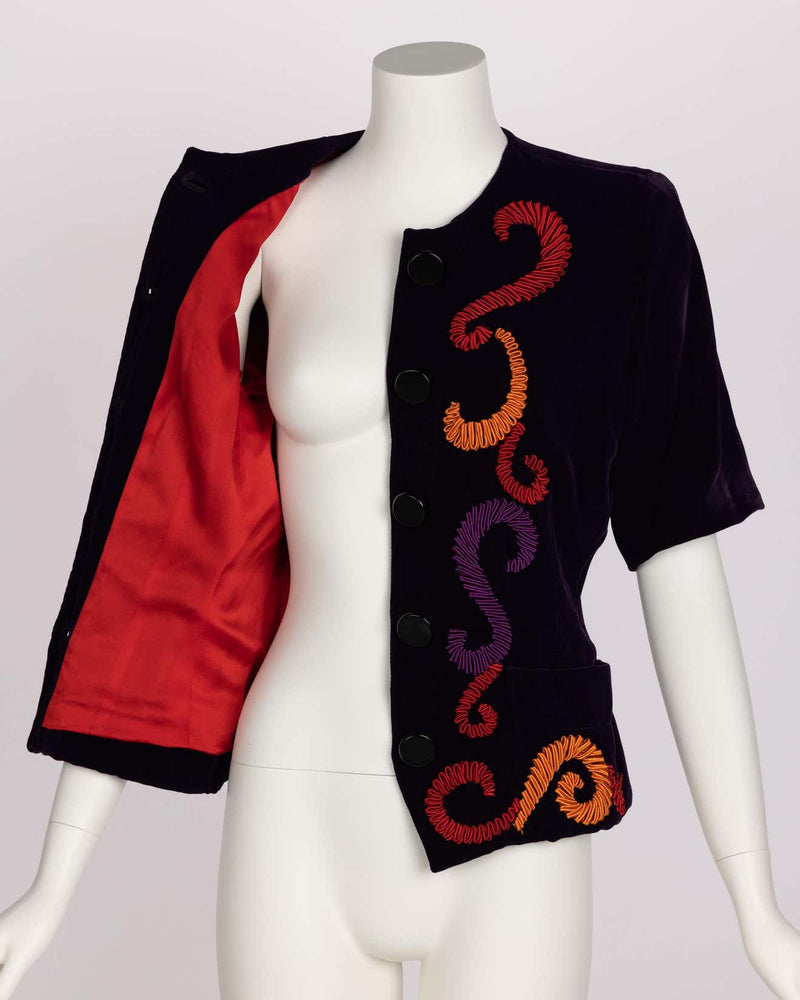 Yves Saint Laurent Runway Purple Velvet Embroidered Jacket YSL, 1989