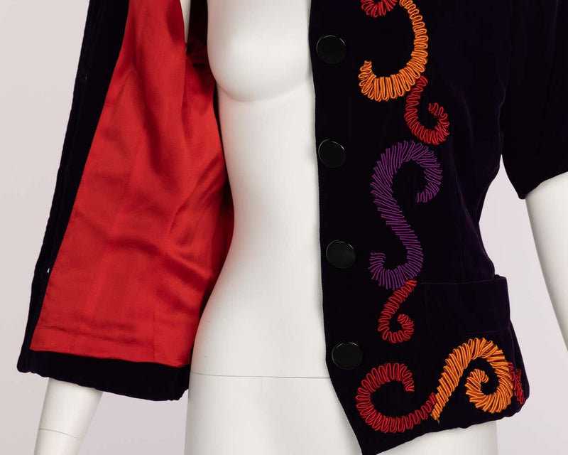 Yves Saint Laurent Runway Purple Velvet Embroidered Jacket YSL, 1989