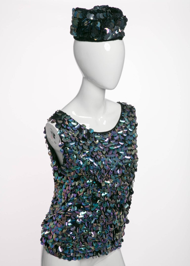 1960s Midnight Paillette Sequin Wool Hat and Sleeveless Sweater Set
