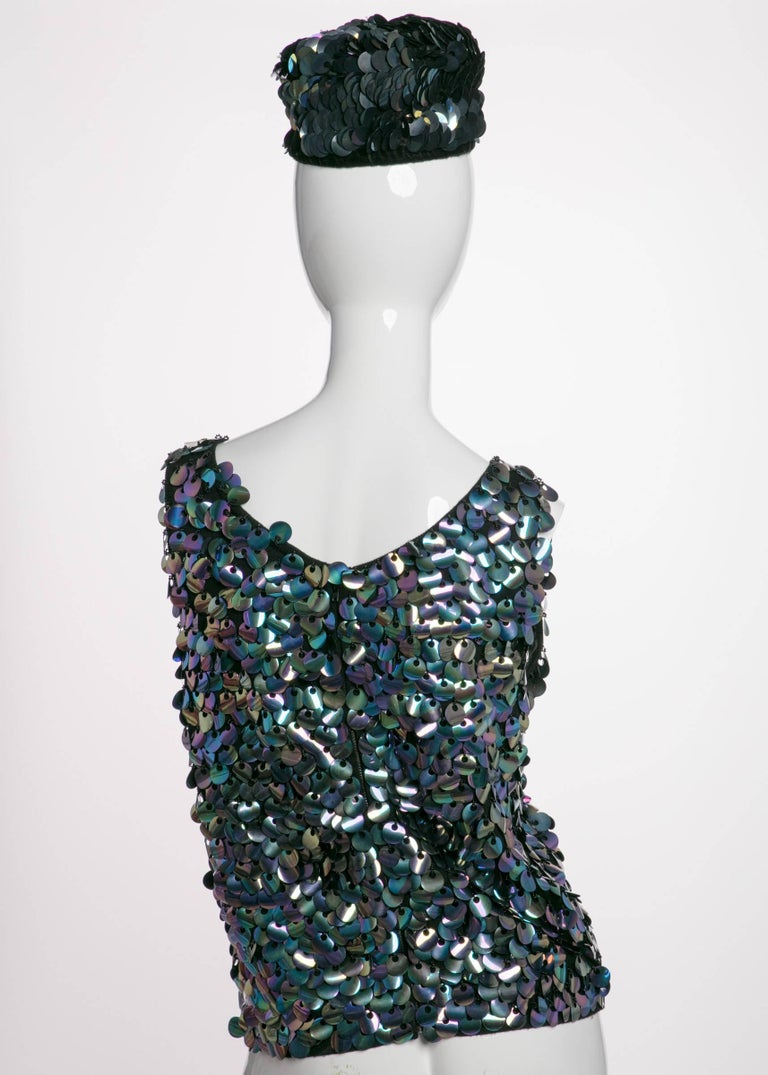 1960s Midnight Paillette Sequin Wool Hat and Sleeveless Sweater Set