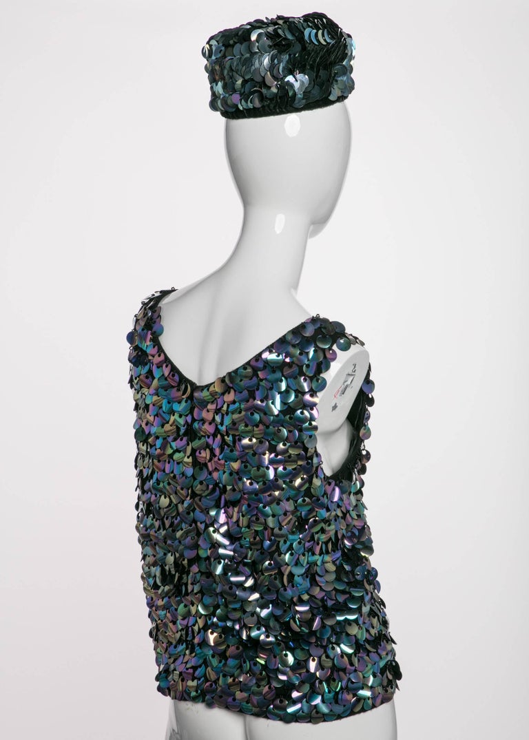 1960s Midnight Paillette Sequin Wool Hat and Sleeveless Sweater Set