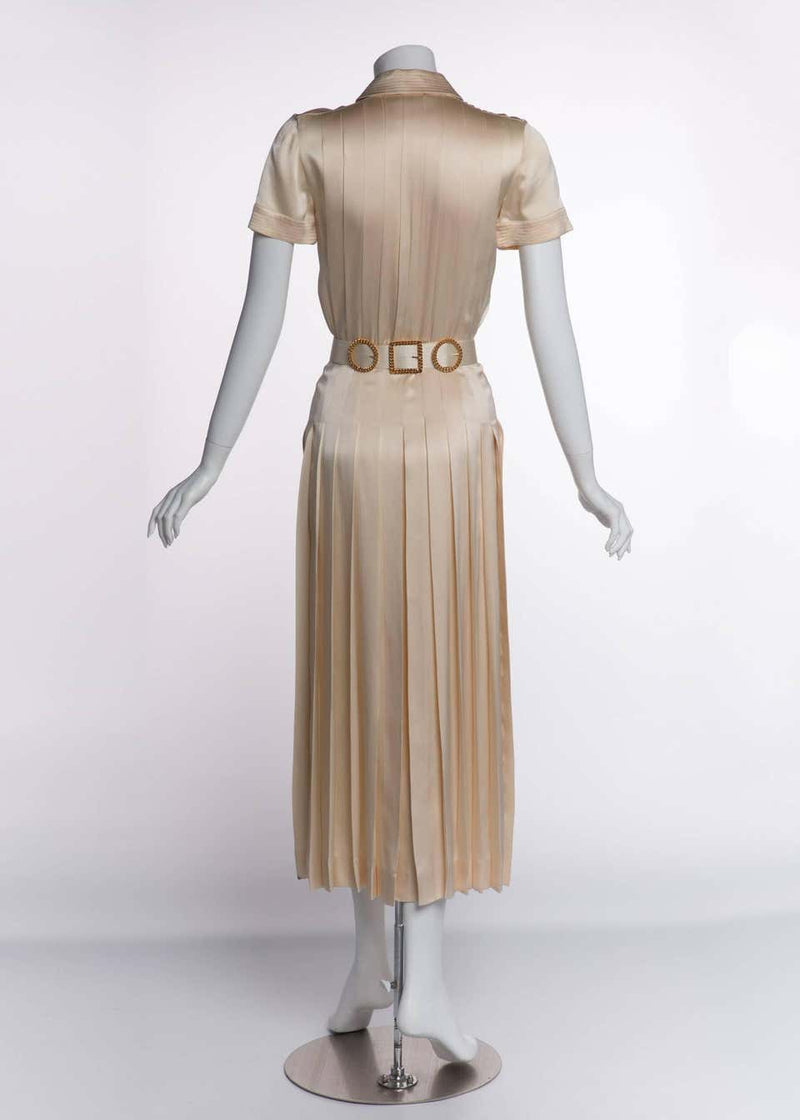 1990s Chanel Creme Silk Knife Pleats Camellia Bow Belted Shirt Dress Documented