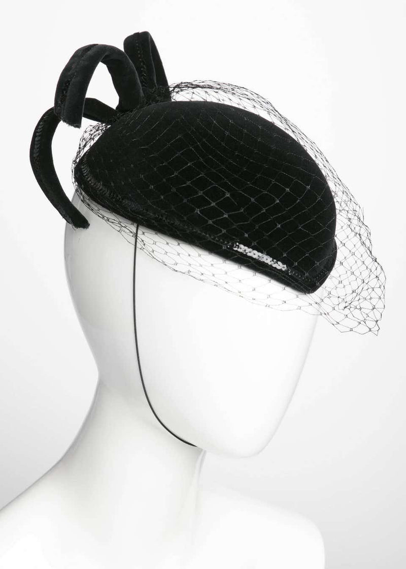 Philip Somerville Vintage Sculpted Little Black Velvet Veil Hat