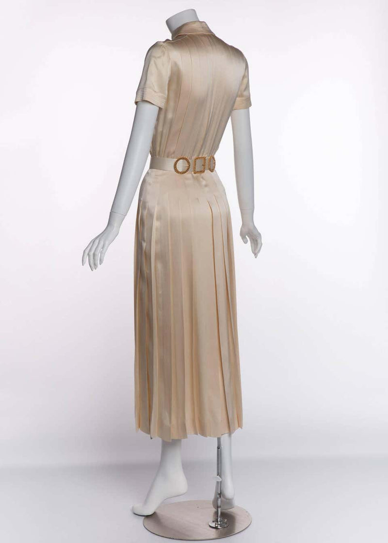 1990s Chanel Creme Silk Knife Pleats Camellia Bow Belted Shirt Dress Documented