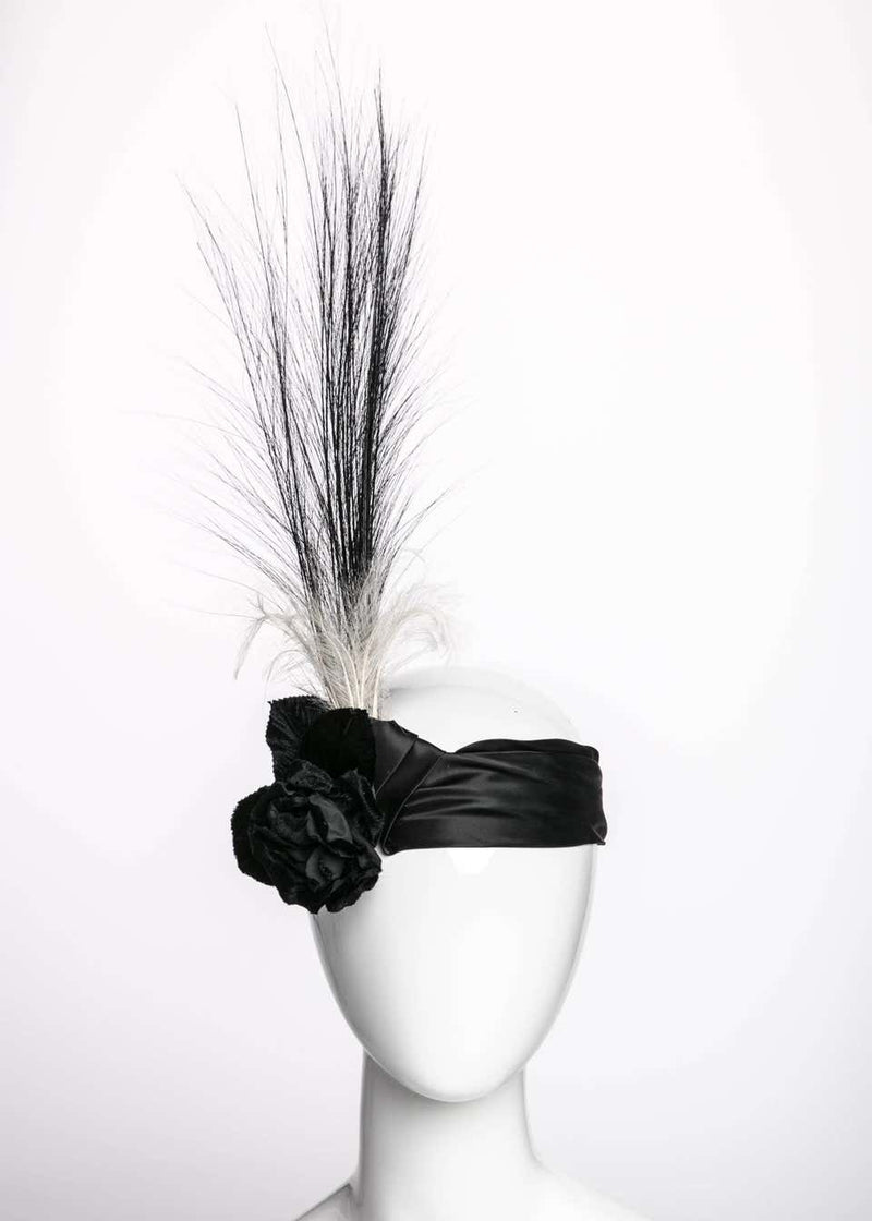 Black Satin Velvet Rose Flapper Feather Headband Headpiece by Unknown Designer