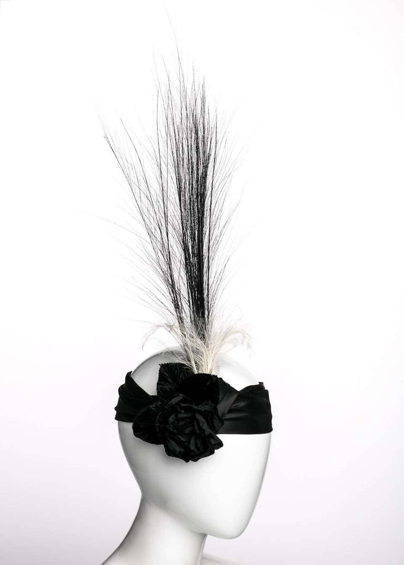 Black Satin Velvet Rose Flapper Feather Headband Headpiece by Unknown Designer