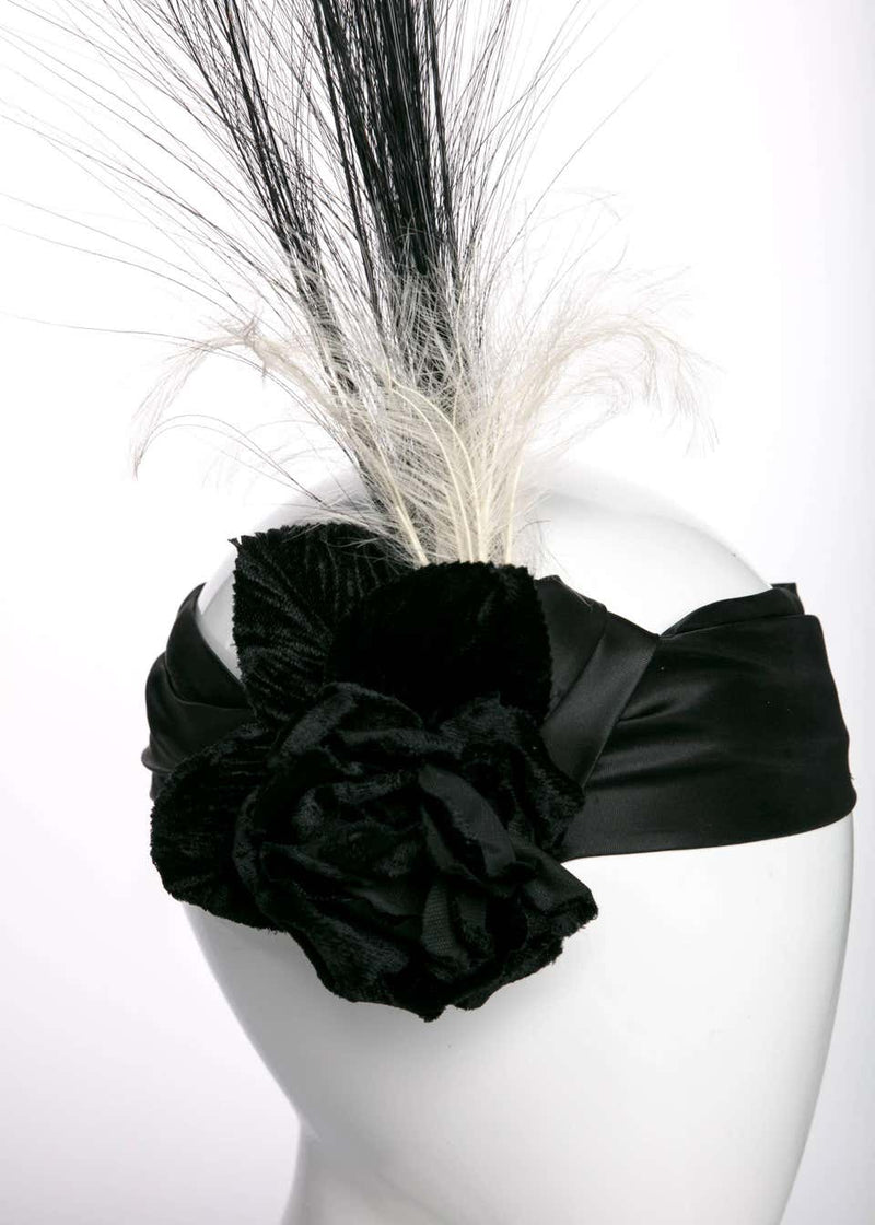 Black Satin Velvet Rose Flapper Feather Headband Headpiece by Unknown Designer