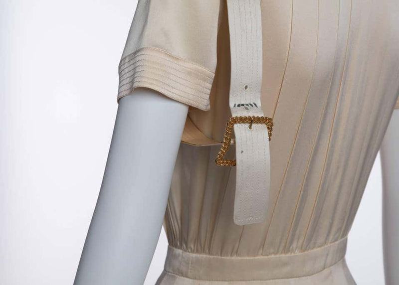 1990s Chanel Creme Silk Knife Pleats Camellia Bow Belted Shirt Dress Documented