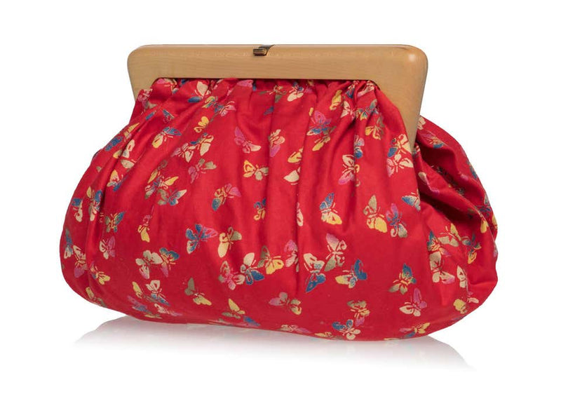 Bottega Veneta Vintage Red Butterfly Print Wood Frame Clutch
