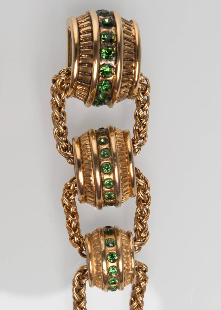 1980s Claire Dévé Gold Green Crystal Shoulder Duster Earrings