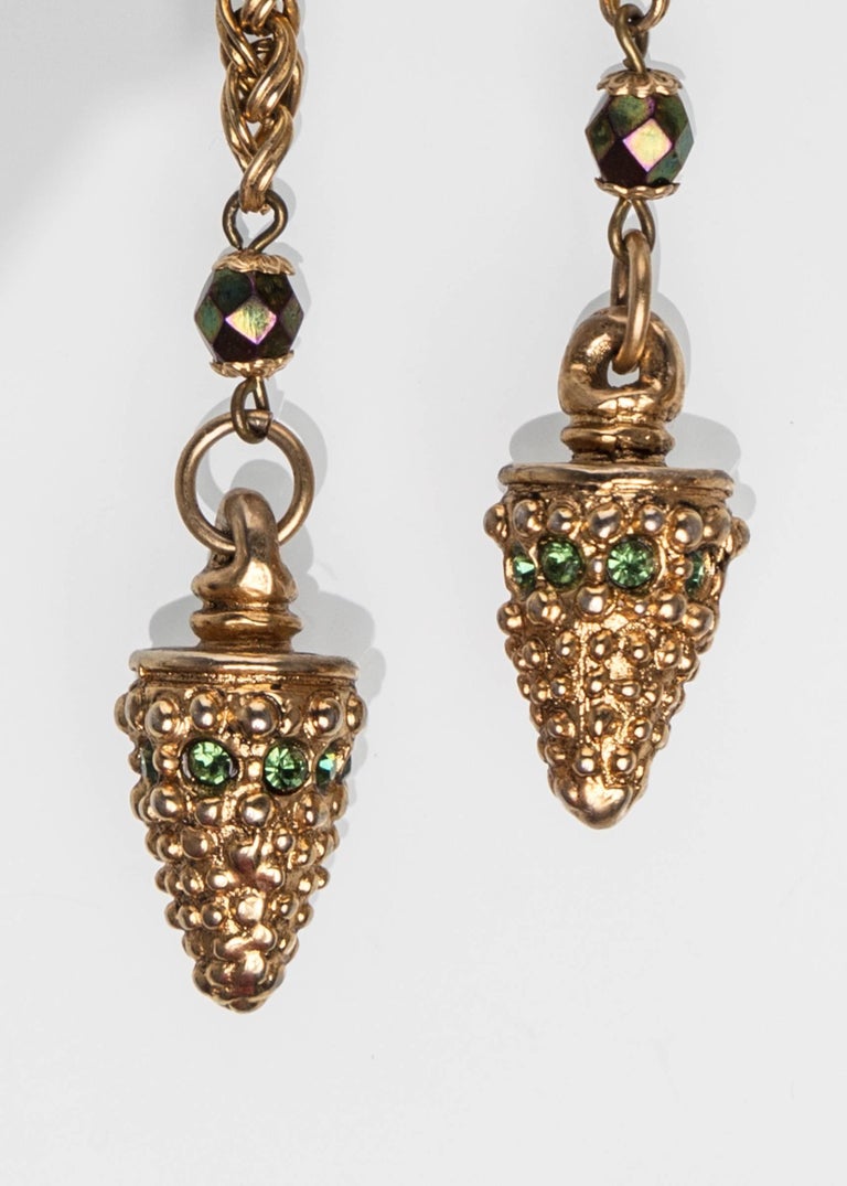 1980s Claire Dévé Gold Green Crystal Shoulder Duster Earrings