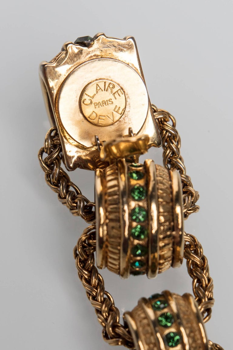 1980s Claire Dévé Gold Green Crystal Shoulder Duster Earrings