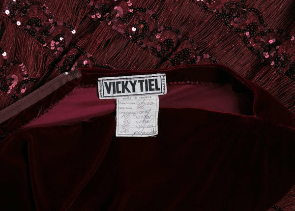 1980s Vicky Tiel Vintage Bordeaux Velvet Tulle Sequins Cocktail Dress