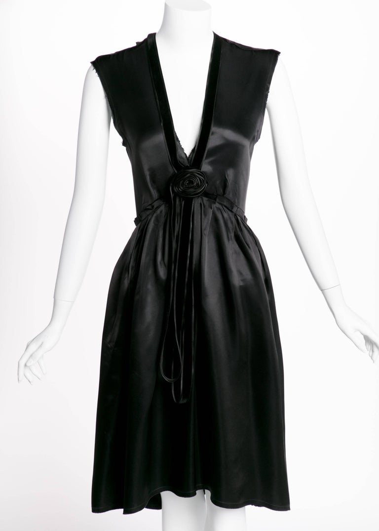 2005 Lanvin by Alber Elbaz Plunge Neck Black Satin Velvet Necklace Dress